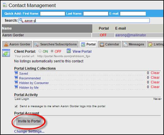 Flexmls invite to portal screenshot